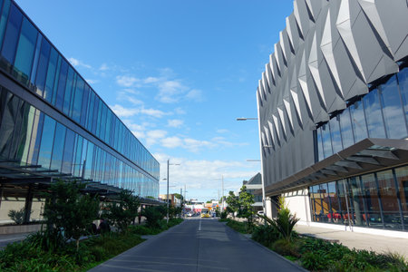 Tauranga New Zealand - March 1 2023; Urban street lined by modern glass facade buildingsのeditorial素材
