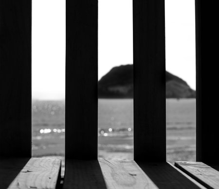 View through palings to horizon and landmark mount Maunganui on horizon in monochrome.の写真素材