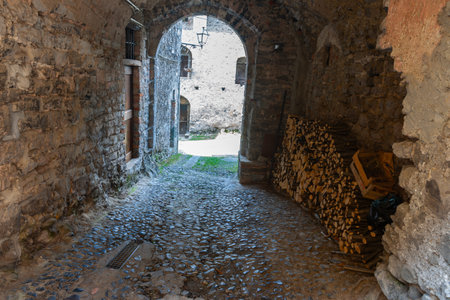 Remains of old deserted brick and stone arch with daylight at end with rustic wooden door and firewood stacked against wall, Italy.の写真素材