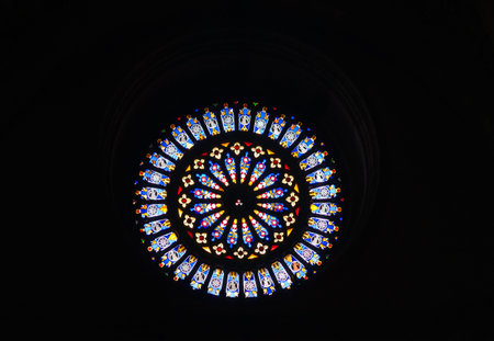Religious rose window isolated on black background, Lake Como, city & lake.のeditorial素材