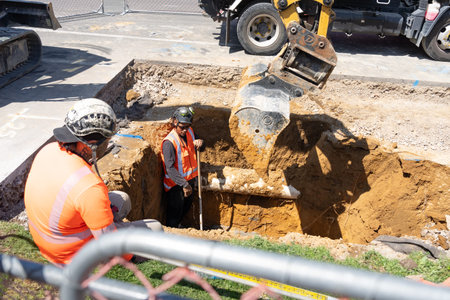 Tauranga New Zealand - October. 2023; Infrastructure roadworks and digging in street.