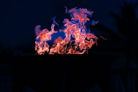 Hot bright Flame seemingly dancing against dark of night.の写真素材