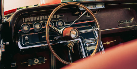 Tauranga New Zealand - November 12 2023:; Vintage dashboard and steering wheel f Ford Thunderbird .のeditorial素材