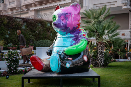 Cannes, French Riviera France - May 2 2011; Public art sculpture of giant colourful bear outdoors in famous city of Cannes.のeditorial素材