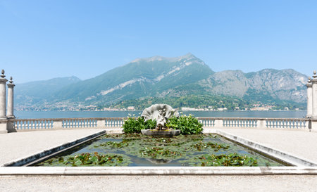 Pond of water lily and scenic mountains beyond Lake Como Italyの写真素材