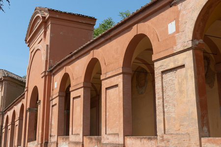 bologna Italy May 11 2011; Exterior wall of Portico of San Luca with row of arches leading into landscapeのeditorial素材
