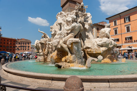 Rome Italy - May 20 2011; Close-up of portions of Famous Fountain of the Four Rivers with the Obelisco Agonale in Navona Piazza.のeditorial素材