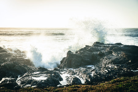 Faded old photo effect rocky foreshore in Wairarapa with crashing waves and sea spray.