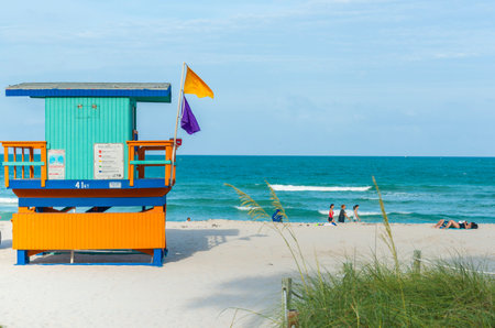 Miami Florida America - June 27 2012;Miami Beach colourful lifeguard tower number 41st.のeditorial素材