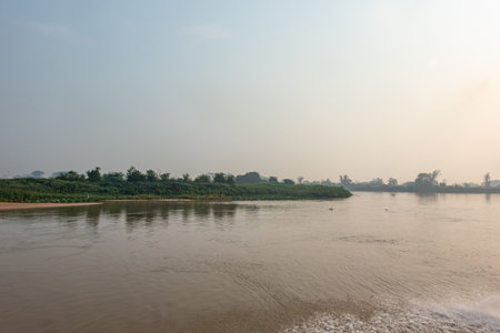 Smoke filled atmosphere of the river landscape in the Pantanal Brazil in October 2024の写真素材