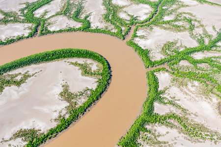 Beauty and clarity in aerial view of creek patterns below in El Questro in The Kimberleys in Western...
