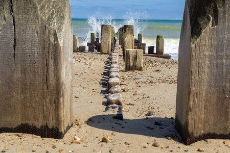 View through wood piles of protection groyne leading to water edge  on Walcott beach in Norfolk...