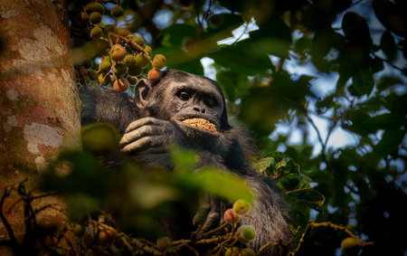 Chimpanzee high in fig tree gorging himself on fruit in Nyungwe National Forest Rwanda.