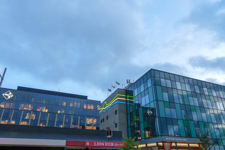 Tauranga New Zealand - October 20 2025; Local government buildings in city external view with neon illuminated signsの写真素材