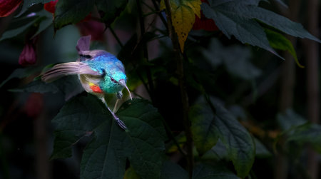 Red-chested Sunbird or 
Cinnyris erythrocercus flitting in flowering shrub seeking nectar laden flowers in garden in Volcanoes NAtional Park Rwanda.の写真素材