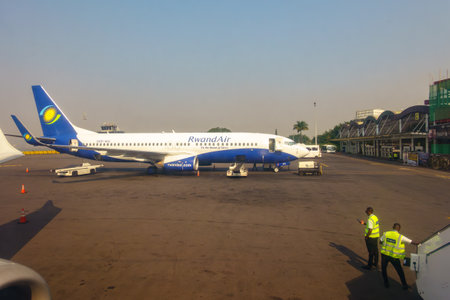 Kigali Rwanda - September 9 2025; African RwandAir passenger plane parked at International airport.のeditorial素材
