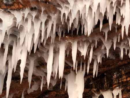 Icicles on the shore of lake superiorの写真素材