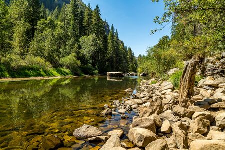 The Merced River in Yosemite Valley as it flows from the Sierra Nevada to the San Joaquin Valley.の写真素材