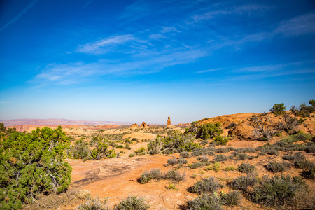 Located outside of Moab, Utah is Arches National Park consisting of 18 miles of scenic drives through the high desert.の写真素材
