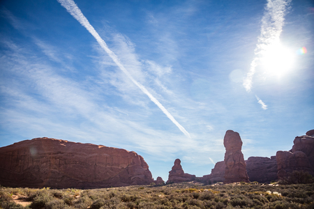 Located outside of Moab, Utah is Arches National Park consisting of 18 miles of scenic drives through the high desert.の写真素材