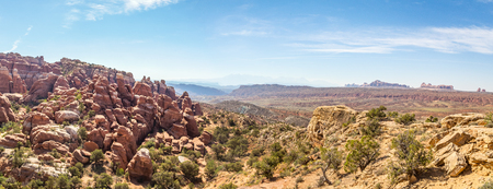 Located outside of Moab, Utah is Arches National Park consisting of 18 miles of scenic drives through the high desert.の写真素材