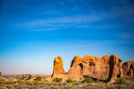 Located outside of Moab, Utah is Arches National Park consisting of 18 miles of scenic drives through the high desert.の写真素材