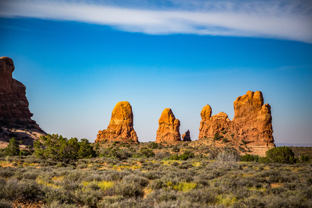 Located outside of Moab, Utah is Arches National Park consisting of 18 miles of scenic drives through the high desert.の写真素材