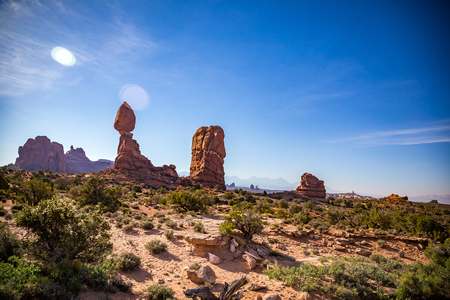 Located outside of Moab, Utah is Arches National Park consisting of 18 miles of scenic drives through the high desert.の写真素材