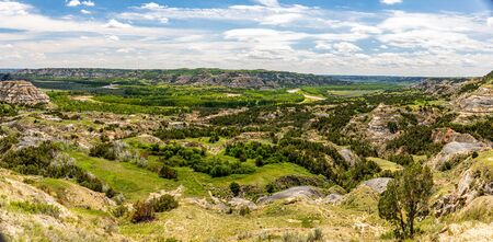 A panoramic view of the Oxbow Overlook at the North Unit of Theodore Roosevelt National Park in western North Dakota.の写真素材