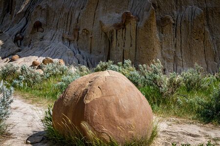 Cannonball concretions form from mineral rich water deposits in the North Dakota Badlands.の写真素材