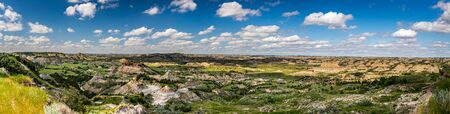A panoramic view from the Painted Canyon Overlook in the South Unit of Theodore Roosevelt National Park near Medora, North Dakota.の写真素材