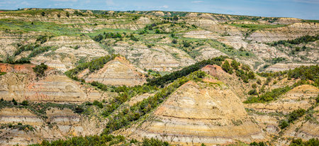 A panoramic view from the Painted Canyon Overlook in the South Unit of Theodore Roosevelt National Park near Medora, North Dakota.の写真素材