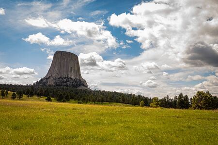 A panoramic view of Devil's Tower National Monument near Hulett, Wyoming from Joyner Ridge Trailhead.の写真素材