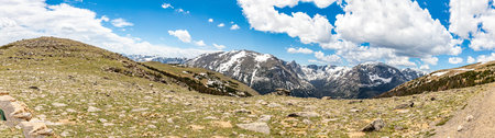 A panoramic view of Rocky Mountain National Park in Colorado from Trail Ridge Road.