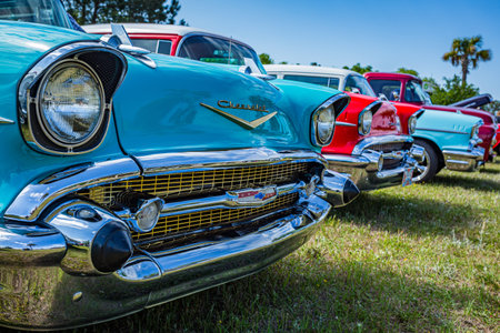 Savannah, GA / USA - April 21, 2018: 1957 Chevrolet BelAir hardtop coupe at a car show in Savannah,...