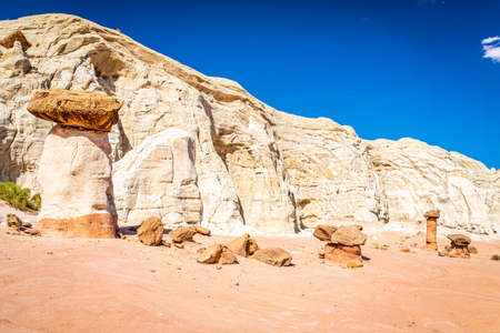 The Toadstool Trail leads to an area of hoodoos and balanced rock formations created by centuries of erosion and is part of the Grand Staircase-Escalante National Monument in Kane County, Utah.の写真素材
