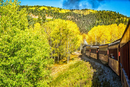 Chama, NM / USA - September 28, 2016: Cumbres and Toltec passenger steam train scenery and views as it makes its way from Chama, New Mexico to Antonito, Colorado.のeditorial素材