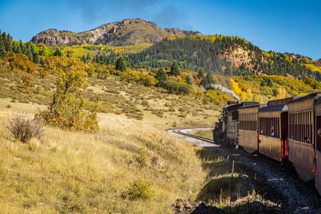 Rocky Mountains, NM / USA - September 28, 2016: Cumbres and Toltec passenger steam train scenery and views as it makes its way from Chama, New Mexico to Antonito, Colorado.のeditorial素材