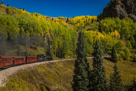 Rocky Mountains, NM / USA - September 28, 2016: Cumbres and Toltec passenger steam train scenery and views as it makes its way from Chama, New Mexico to Antonito, Colorado.のeditorial素材