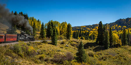 Rocky Mountains, NM / USA - September 28, 2016: Cumbres and Toltec passenger steam train scenery and views as it makes its way from Chama, New Mexico to Antonito, Colorado.のeditorial素材