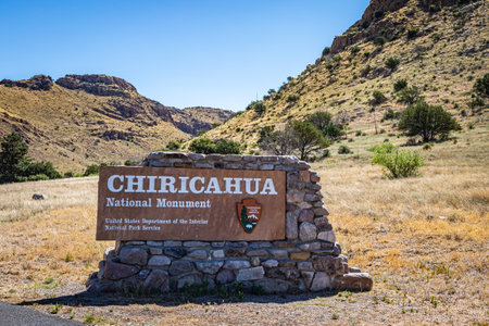 Cochise County, Arizona, USA - March 6, 2019: A detailed view of the entrance sign for Chiricahua National Monument.のeditorial素材