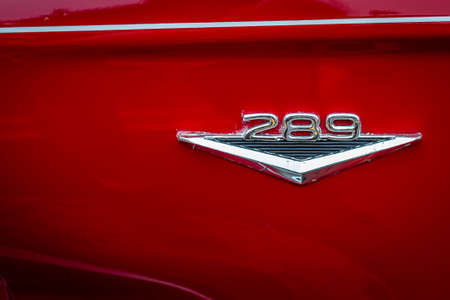 virginia City, NV - July 31, 2021: 289 Engine Front Fender Emblem Detail on a 1966 Ford Mustang seen  at a local car show.のeditorial素材