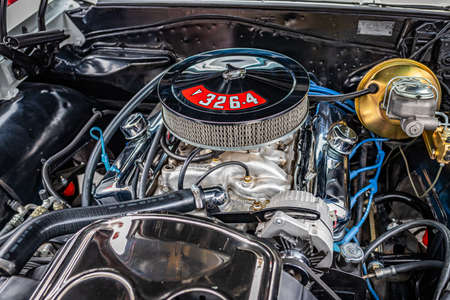 Virginia City, NV - July 31, 2021: 326 Engine Compartment Detail on a 1965 Pontiac Tempest seen  at a local car show.のeditorial素材