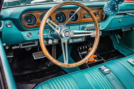 Virginia City, NV - July 31, 2021: Dashboard and Steering Wheel in a 1965 Pontiac Tempest seen  at a local car show.のeditorial素材