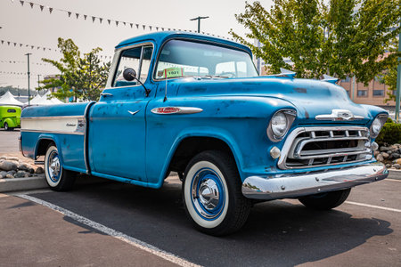 Reno, NV - August 6, 2021: 1957 Chevrolet Task Force Cameo Carrier pickup truck at a local car show.のeditorial素材
