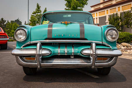 Reno, NV - August 6, 2021: 1955 Pontiac Safari Station Wagon at a local car show.のeditorial素材