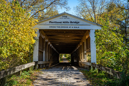 The Portland Mills Covered Bridge crosses Little Raccoon Creek at Guion in Parke County near...