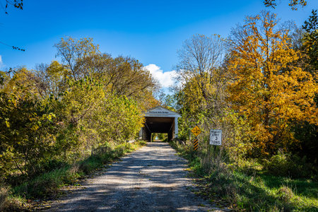The Portland Mills Covered Bridge crosses Little Raccoon Creek at Guion in Parke County near...