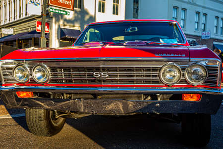 Fernandina Beach, FL - October 18, 2014: Low perspective front detail view of a 1967 Chevrolet Chevelle Super Sport at a classic car show in Fernandina Beach, Florida.のeditorial素材