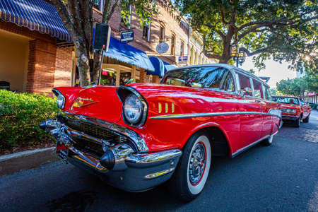 Fernandina Beach, FL - October 18, 2014: Wide Angle low perspective front corner view of a 1957 Chevrolet BelAir station wagon at a classic car show in Fernandina Beach, Florida.のeditorial素材